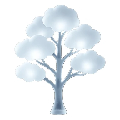 one tree with many branches and a white trunk, crown made of small very bright white fluffy convex clouds, matte glass style sticker