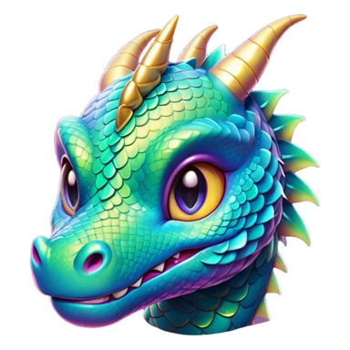 Cinematic Cute Dragon Portrait Emoji, Head tilted playfully and inquisitively, with a sleek, serpentine body adorned in iridescent scales and a charming, expressive face featuring subtle, delicate horns, round, sparkling eyes brimming with curious magic, Simplified yet irresistibly adorable features, highly detailed, glowing with a warm, enchanting glow, high shine, affectionate and mystical, stylized with a touch of whimsical fantasy, soft glowing outline, capturing the essence of a mischievous yet loving dragon that feels like it could slither out of the screen into your arms! sticker