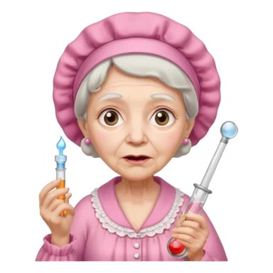 sick old woman with glass thermometer on her mouth pink night gown, pink bonnet on her head sticker