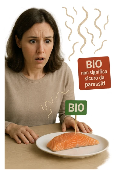 Donna tra i 30 e i 40 anni, seduta a tavola con espressione sorpresa e preoccupata mentre guarda un piatto elegante di salmone crudo etichettato 'BIO'. In trasparenza sopra il salmone si vedono parassiti intestinali stilizzati, come larve o vermi sottili, fluttuanti nell’aria. Accanto al piatto, una scritta fluttuante in stile etichetta rossa avverte: 'BIO non significa sicuro da parassiti'. Atmosfera visivamente pulita ma con tensione sottile, colori realistici con accento sul contrasto tra immagine 'salutare' e minaccia invisibile sticker