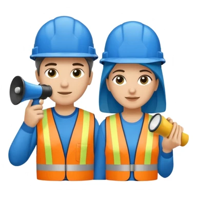 Duas pessoas com capacete de obras azul e um megafone na mão e camisa social cinza com faixas reflexivas verdes nos braços. Deve ser um homem e uma mulher. Os dois capacetes devem será azul escuro. sticker