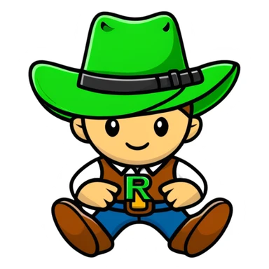 Cowboy character with green cowboy hat and letter R sticker