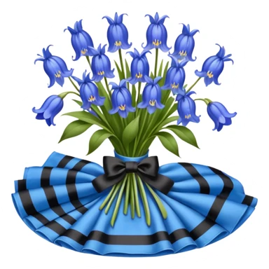A lush bouquet of bright blue color bluebell black satin ribbon, , with a pale yellow and pink plaid pattern table cloth sticker