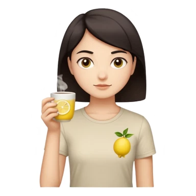 человек с короткими тёмными волосами и круглым лицом. У него спокойное, нейтральное выражение лица, тёмные глаза, аккуратные брови. Он стоит прямо на фоне светлой стены. На нём светлая футболка с небольшим рисунком. В целом образ выглядит простым и аккуратным. В руках чай с лимоном sticker