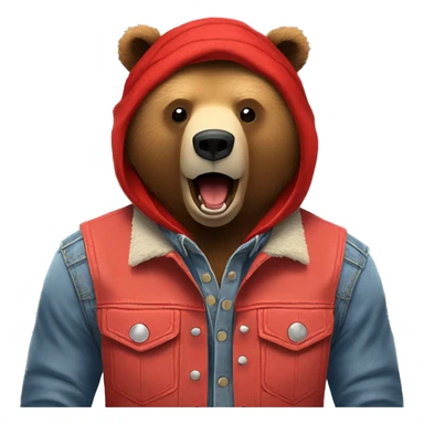 grizzly bear wearing sleeveless jean jacket and red bandana around head with open mouth sticker