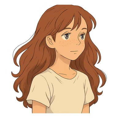 ghibli style adolescent girl with long wavy hair, freckles, long eyelashes, white top, no background sticker