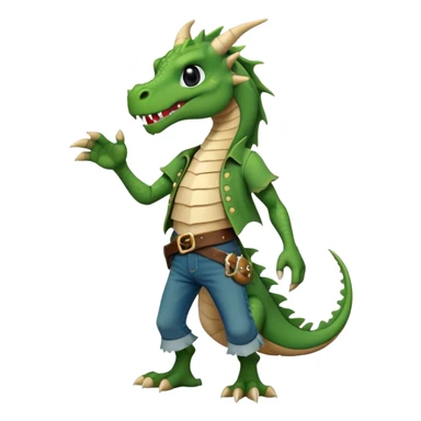 friendly anthropomorphised dragon in a band t-shirt and jeans with a pirate eye-patch walking upright, relaxed pose sticker