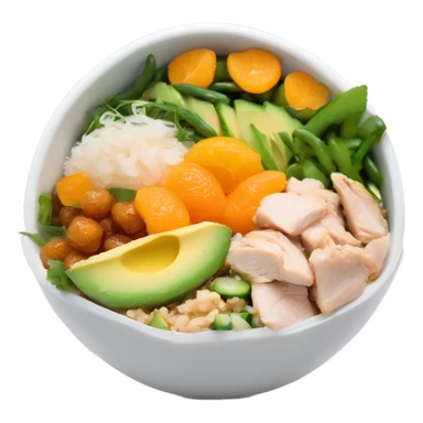 Poke bowl with chicken, cut avocados, mandarins, cucumbers and green beans; side view sticker