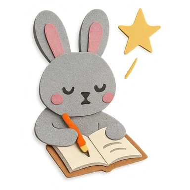 gray bunny writing in notebook with spark of light, paper-craft style sticker