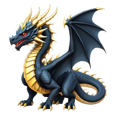 Massive ancient black dragon with obsidian scales, scarred powerful wings, glowing gold eyes, long curved horns, spiked neck ridges, and a brutal morningstar tail. Intimidating, muscular, regal presence. sticker