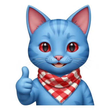 A Cute Blue Cat smiling and giving thumbs up, wearing red Checkered Triangle scarf sticker