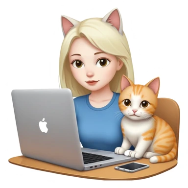 A girl is working on a laptop with a cat lying next to it sticker