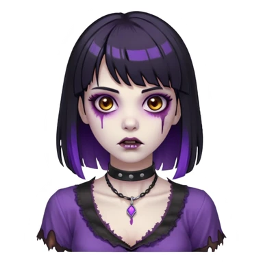 zombie with black hair long and bangs and purple highlights brown eyes and a choker around her neck and a black blouse sticker