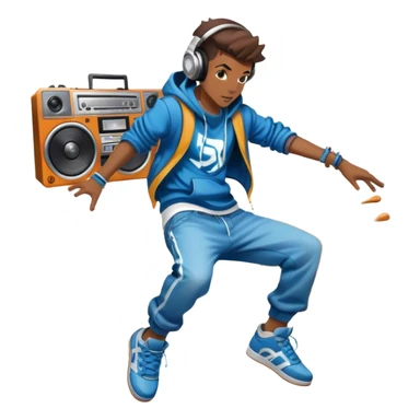 Icon for Street Dance: a dancer in urban streetwear performing a dynamic breakdance move, with a spray-painted background,  boombox  and headphones. The icon should represent the energy, style, and creativity of street dance culture. Transparent background. sticker