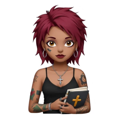 generate an ios genmoji of a girl with dark red messy hair with eyeliner on her eyes.  septum piercing, wearing a cami black top, has tattoos, on shoulders. ear piercings. wearing a cross silver necklace. Holding an overfilled sketchbook. dusky skin color. Holding redbull in the other hand sticker