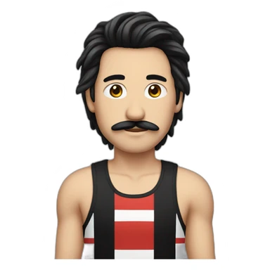 male with long black hair, moustache and striped black and red tank top sticker