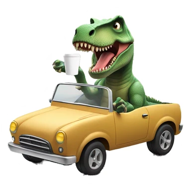 T-Rex in a car holding a coffee sticker