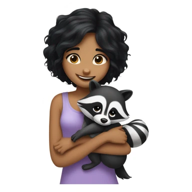 the girl with black hair and pretty smile hug a racoon sticker