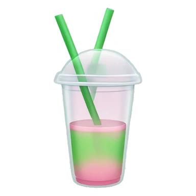 clear cup with light pink and green liquid. Transparent straw sticks out of cup sticker