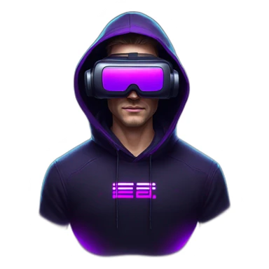 Russian man in the black hoody with violet letters "OMG VR" on it wearing vr headset. Cyberpunk style. Violet neon. sticker