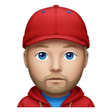 Fred Durst with dark blonde hair, blue eyes, red outfit and cap sticker