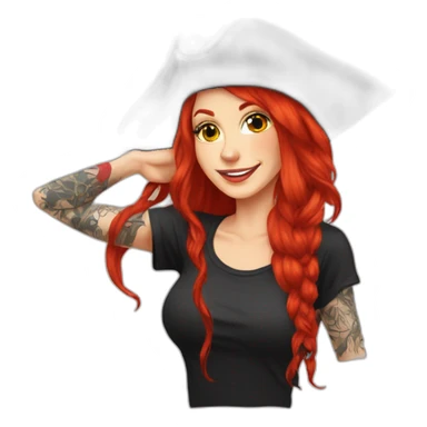 Woman long red hair hanging to one side in a platt, tattoo on side of head.  pirate hat. skull and crossbones t shirt sticker