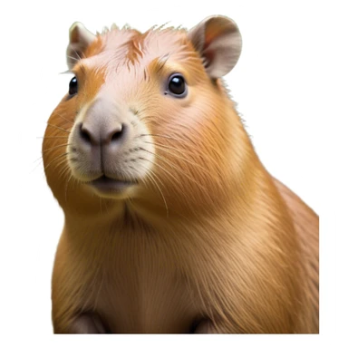 Cinematic Noble Capybara Portrait Emoji, Poised and serene, with a robust, rounded build and a characteristically broad, slightly flattened capybara face featuring a short snout and small, rounded ears, covered in soft, earthy fur with subtle natural texture and gentle, wise eyes; rendered in lifelike detail with natural light, high shine, intelligent and calm, styled with an air of understated authority, focused and attentive, soft glowing outline, capturing the essence of a watchful and confident capybara that appears ready to step out of the screen with effortless dignity! sticker