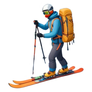 Icon for Mountain Tourism: a snowy mountain peak in the landscape, with skis, a snowboard, an ice axe, a backpack and a camera. The icon should capture the adventure and exploration of mountain landscapes. Transparent background. sticker