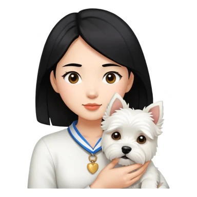 An Asain girl with black hair to her collar bone holding a west highland terrier  sticker