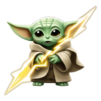 baby yoda holds a lightning bolt sticker
