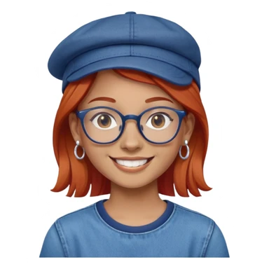 Young person with red hair, glasses, earrings and a wonderful smile, wearing blue clothes, jeans and a cap sticker