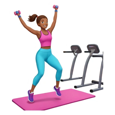 An energetic person performing an aerobics workout in a brightly lit gym, jumping and stretching with enthusiasm. The scene includes vibrant fitness equipment like dumbbells and exercise mats, with a background of cheerful, motivating colors, conveying energy and movement. sticker
