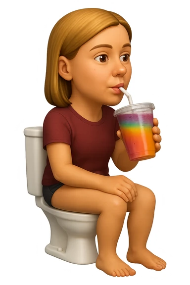emoji stile iphone di una donna seduta sul wc che beve uno smoothies colorato, iperrealistico 4k sticker