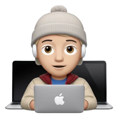 Apple Memoji–style 3D avatar, front-facing, centered.
Young male wearing a dark beanie and white AirPods, behind a silver laptop.
Big expressive eyes, smooth cartoon skin, soft lighting, white background, high quality. sticker