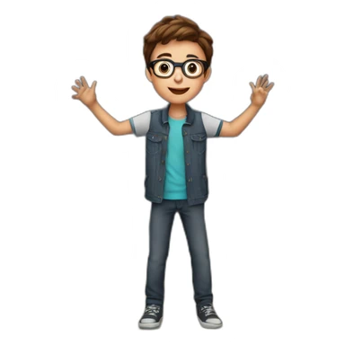 a 12-year-old boy with brown hair and glasses performs on the stage of the theater sticker