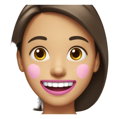 Smiling emoji of a brunette girl, with a pink bone in her mouth halfway down her face sticker