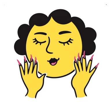yellow face nodding, closed eyes with false lashes, full lips, hands with pink-painted long nails sticker