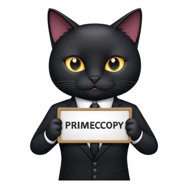 A black cat in a black business suit holds a sign that says "PrimeCopy" sticker