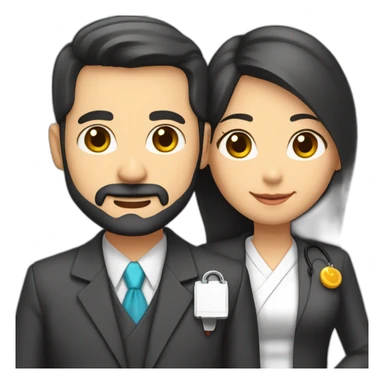 husband american 55 dark hair trimmed beard business suit pastor holding bible, wife asian age 55 black shoulder length hair wearing nurse, no children sticker