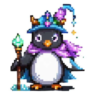 penguin wizard with magical sparkles, a unicorn, fairy, and tiny goblin companion in a pixelated fantasy world sticker