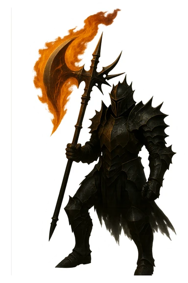 Enhance the scary knight holding the flaming halbert to look even more realistic with enhanced details, lighting, and textures. Keep the background transparent. sticker