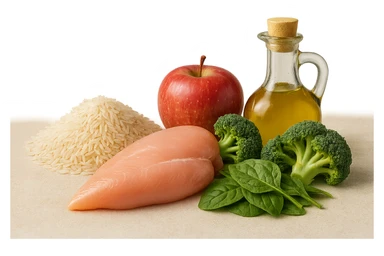 Riso basmati
Petto di pollo
Verdura fibrosa verde
Olio EVO
Mela
poggiati sul tavolo sticker