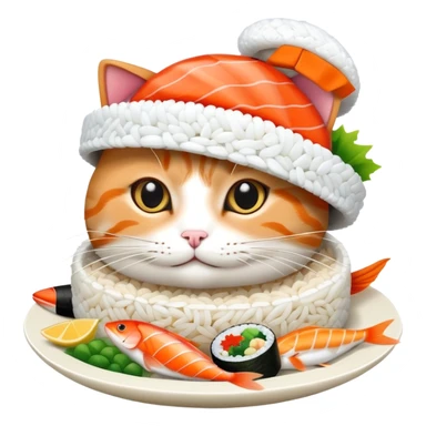 cat wearing a hat with a rice base and multiple fish pieces on top, sushi hat sticker