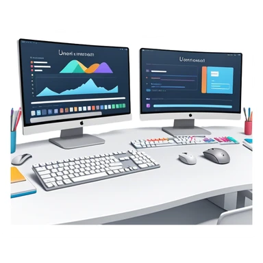 Create an emoji for UX/UI design. Show two large curved monitors displaying UX/UI design interfaces. Include a mouse, keyboard, and stylus next to the screens. Use modern, professional colors. Do not include any emojis or smiley faces. Make the background transparent. sticker
