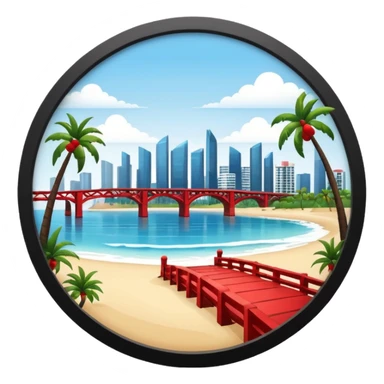 a circle island with modern buildings, a beach with palm trees in the front. also, a red bridge behind.  sticker