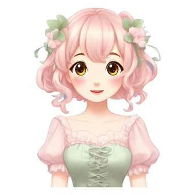 Gorgeous anime style lady with blushing face and a dress cottagecore fairycore  Kawaii anime colorful pearly romantic simplistic aesthetic trending style sticker