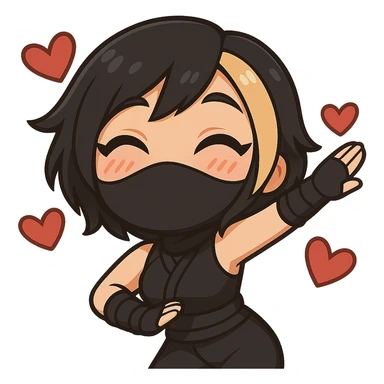 Create a chibi anime style ninja girl dancing to the right. Keep the same face, hair, mask, outfit, and hearts as the reference image. Change the pose so her body and arms are leaning to the right in a cute dance move. Transparent background, sized for Twitch emoji use. This is animation frame 2. sticker