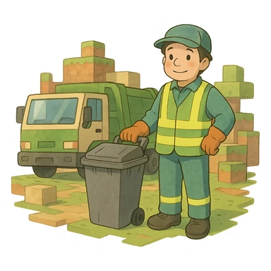 ghibli style garbage man in a Minecraft setting, soft colors sticker