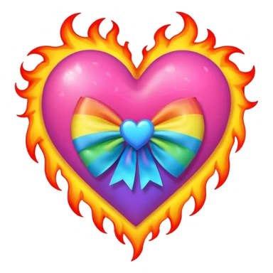 neon heart with a rainbow bow with heart pattern on the bow, with flames sticker