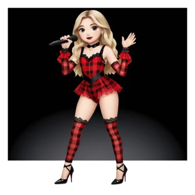 Sabrina carpenter singing at concert wearing a black and red plaid bodysuit a red sheer top covering the bodysuit, a strip of black lace around her leg, black sparkle heels. there is a  huge crowd and light pink stage setting  sticker
